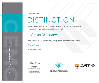 Ahaan Chhaparwal Distinction Certificate