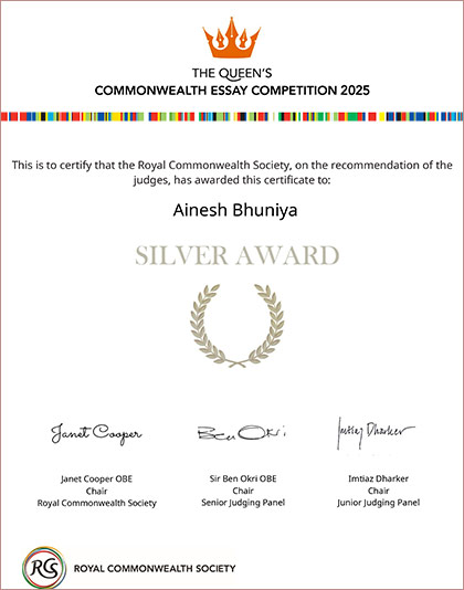 Ainesh Bhuniya Silver Award Certificate at the prestigious Queen’s Commonwealth Essay Competition 2025