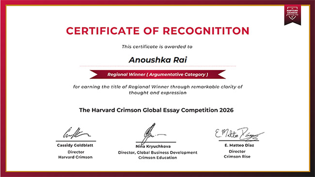 Anoushka Rai Harvard Crimson Essay Competition 2026 Regional Winner certificate