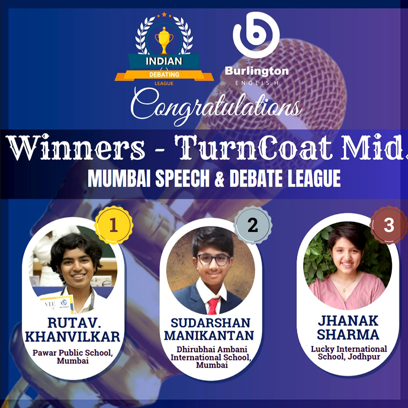 Congratulations to winners of the Speech and Debate league competition by  Burlington English held at IIT Powai. - Omkar Cambridge International School