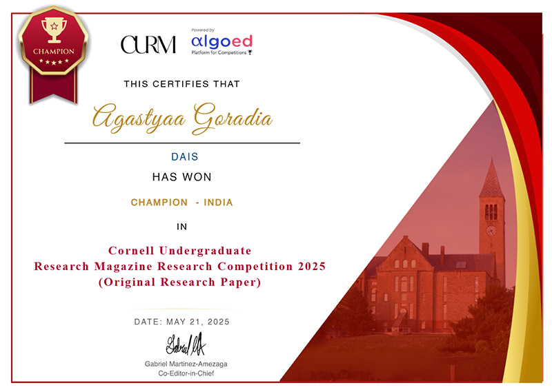 Agastya Goradia with his certificate at the Cornell India Research Competition