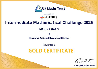 Mahika Garg Gold Award certificate from UK Mathematics Trust (UKMT) 2026