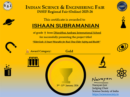 INSEF Regional Fair 2025–26 Gold Award certificate for Ishaan Subramanian’s ELDERLINK project