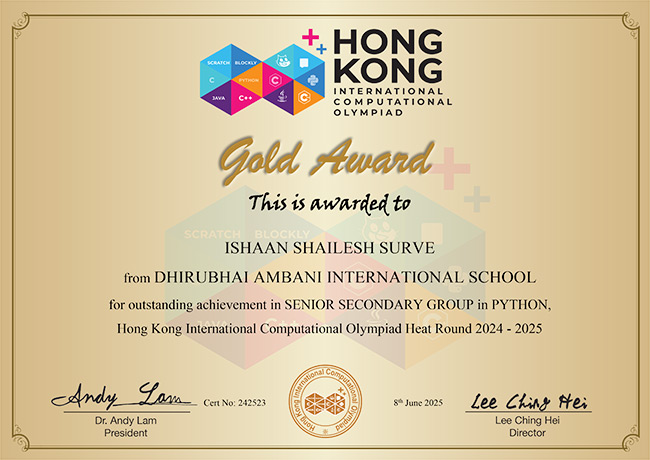 Ishaan Surve with his Gold Award certificate from the HKICO International Olympiad