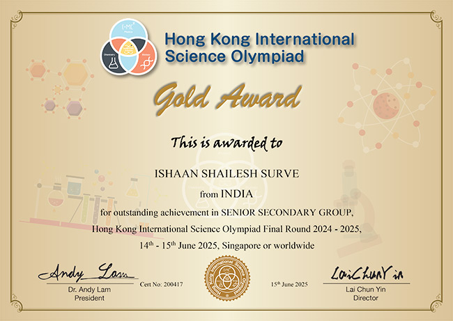Ishaan Surve with his Gold Award certificate from the HKISO International Olympiad