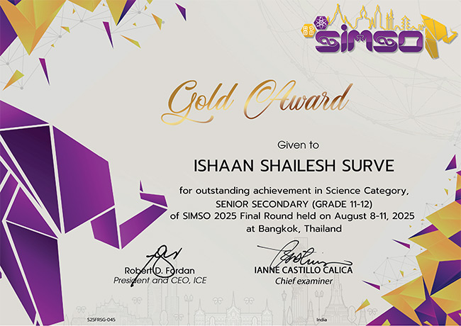 Ishaan Surve with his Gold Award certificate from the SIMSO International Olympiad