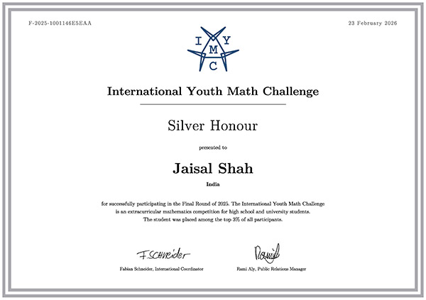 Jaisal Shah receiving Silver Award Certificate at IYMC 2025