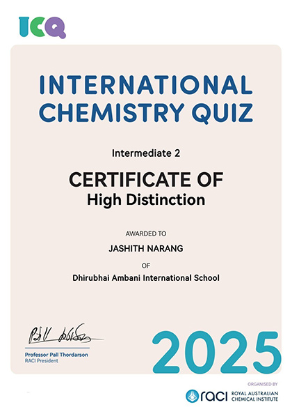 Certificate awarded to Jashith Narang for excelling at ICQ 2025