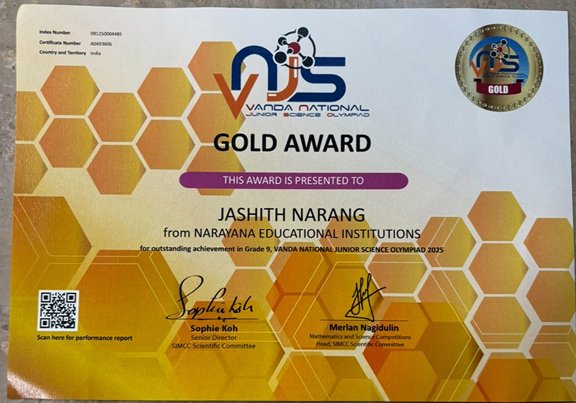 Jashith Narang holding the Junior Science Olympiad certificate