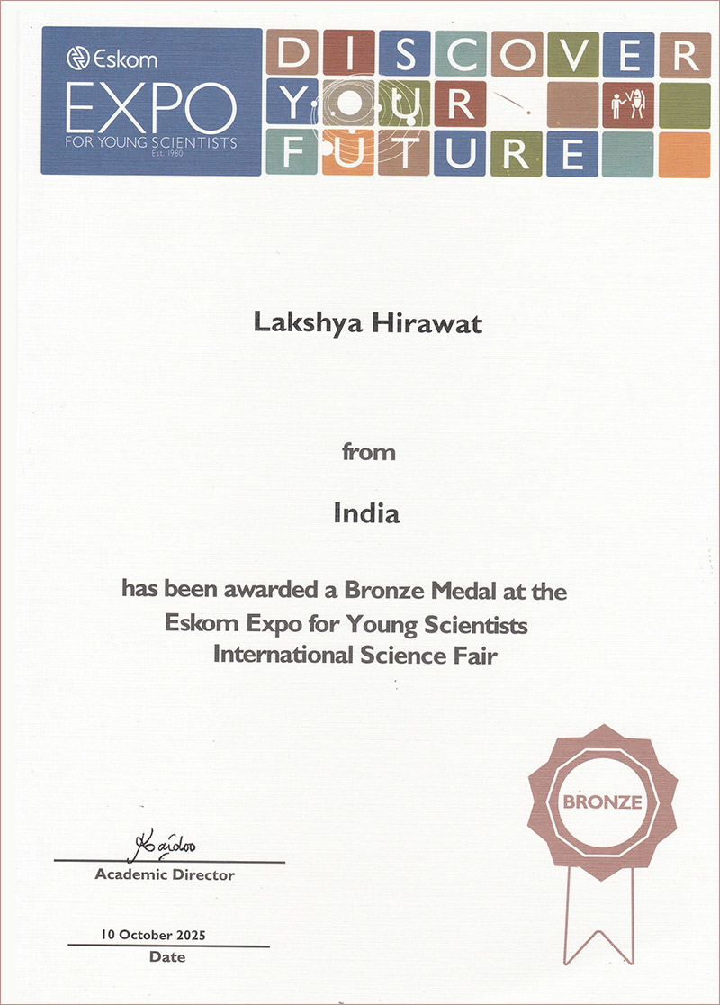 Lakshya Hirawat’s certificate at the 45th Eskom International Science Fair 2025