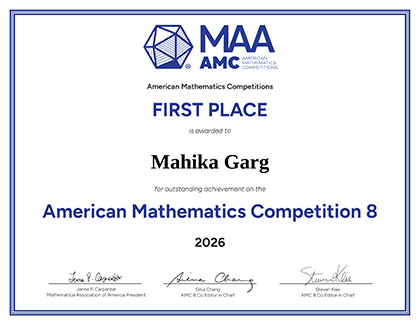 Mahika Garg First Place certificate in AMC 8