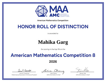 Mahika Garg Honour Roll certificate in AMC 8 recognizing distinction in mathematics