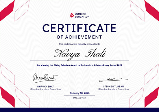 Award certificate for Navya Thali recognising her global scholarships in international essay competitions