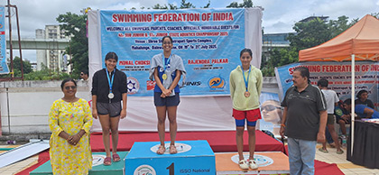 Medal winners on the podium at the Maharashtra State Junior Swimming Championships 2024
