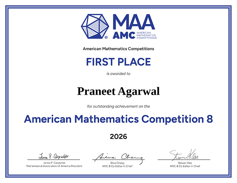 Praneet Agarwal AMC 8 First Place certificate