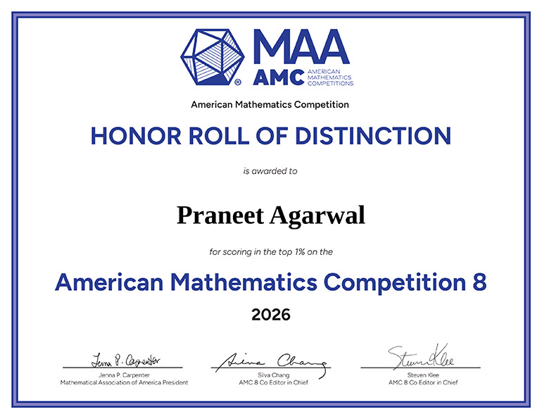 Praneet Agarwal Honour Roll of Distinction AMC certificate