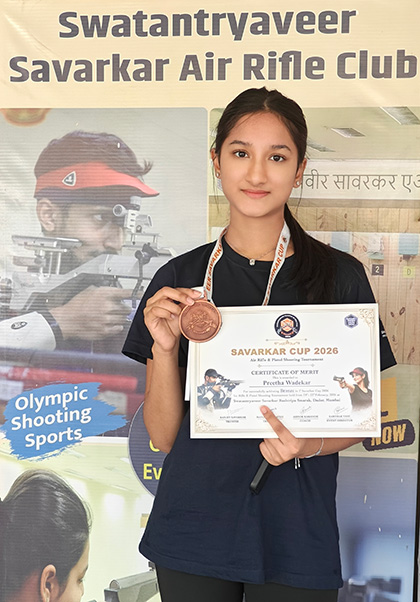 Preetha Wadekar receiving bronze at Savarkar Cup 2026 10m Air Rifle event