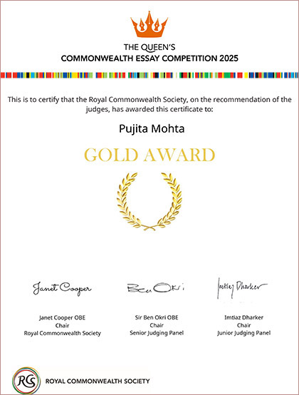 Pujita Mohata gold Award Certificate at the prestigious Queen’s Commonwealth Essay Competition 2025