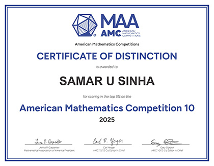 Samar Sinha Distinction certificate from AMC