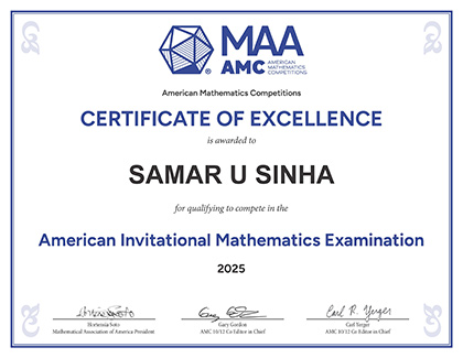 Samar Sinha excellence certificate