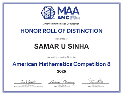 Samar Sinha, Honour Roll certificate in AMC 8 recognizing distinction in mathematics