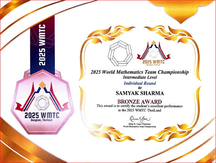 Samyak Sharma won Bronze award certificate at the World Mathematics Team Championship
