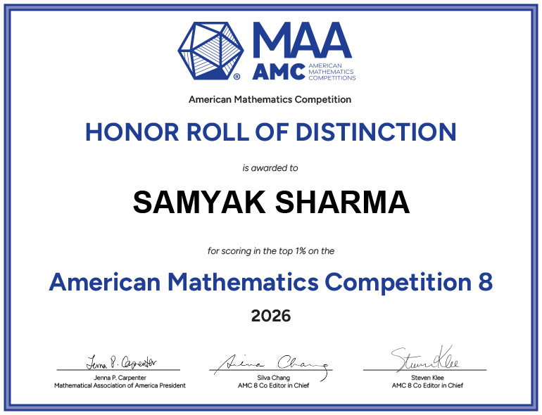 Certificate of Samyak Sharma for earning the Honour Roll of Distinction in the AMC