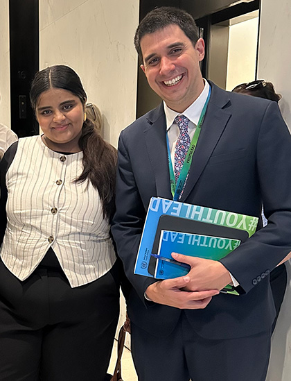 Sanaaya Joisher with a UN delegate at the ECOSOC Youth Forum 2026