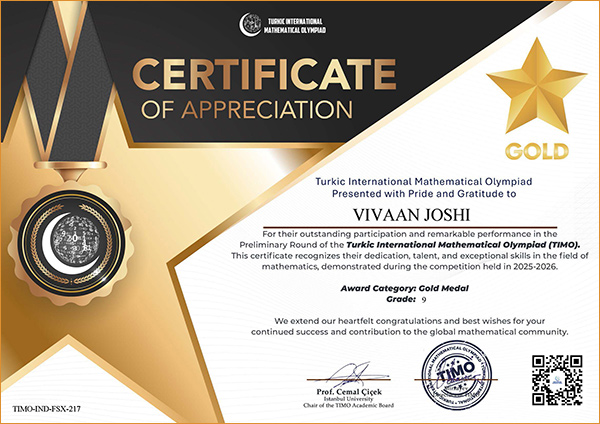 Vivaan Joshi Gold Medal certificate from Turkic International Mathematics Olympiad TIMO