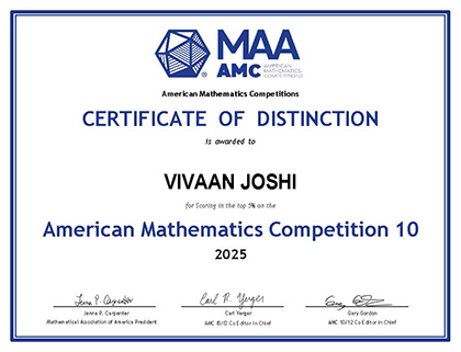 Vivaan Joshi Distinction Certificate from AMC10A American Mathematics Competition