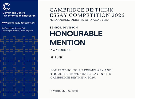 Certificate awarded to Yash Desai for his achievement in an international academic competition